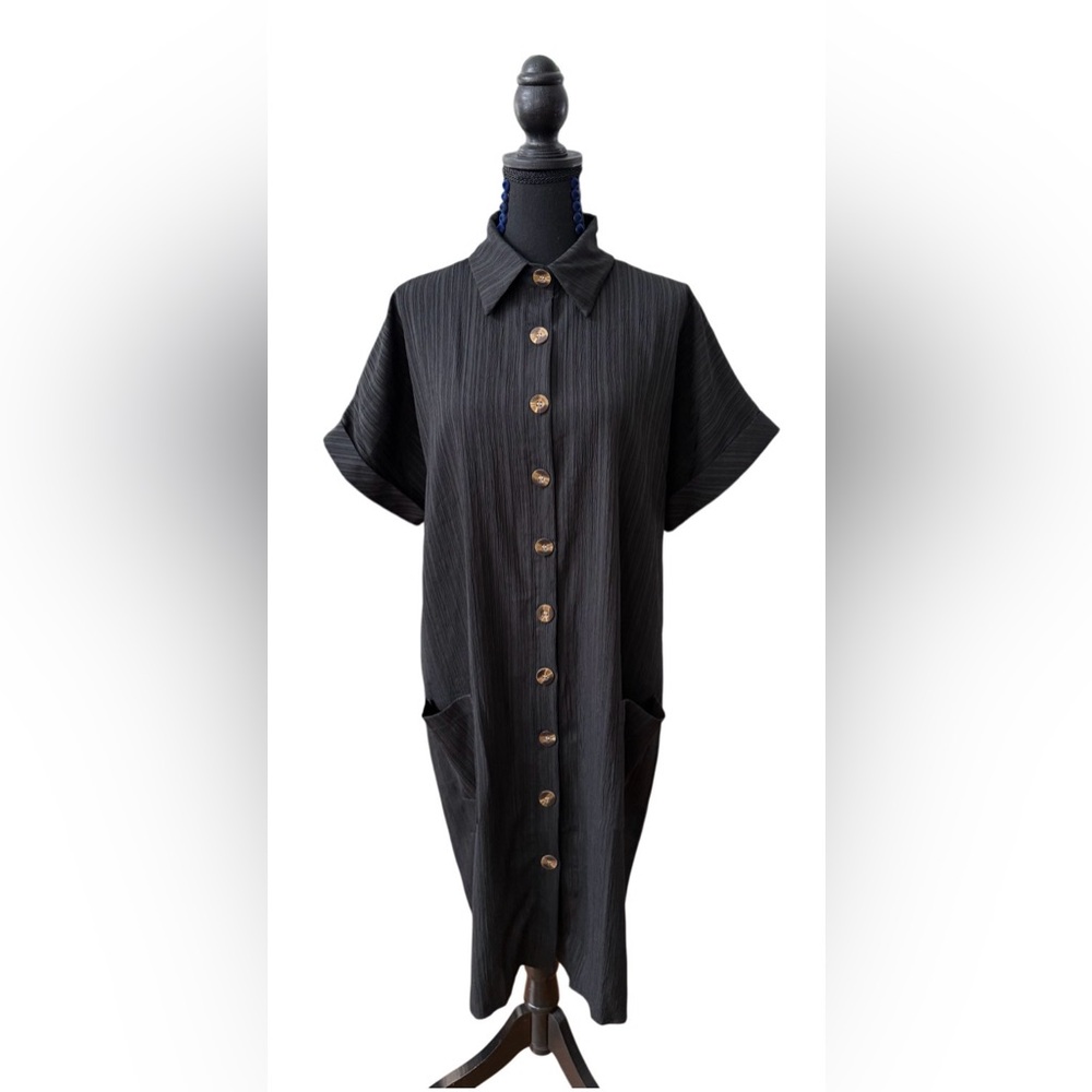 Upstyle Black Button-Front Shirt Dress with Patch Pockets and Cuffed Sleeves